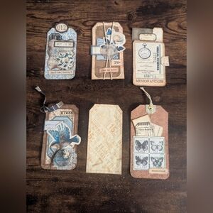 2/$15 Set Of 6 Handmade Junk Journal Vintage/Rustic Tags-Double Sided-Cream/Blue